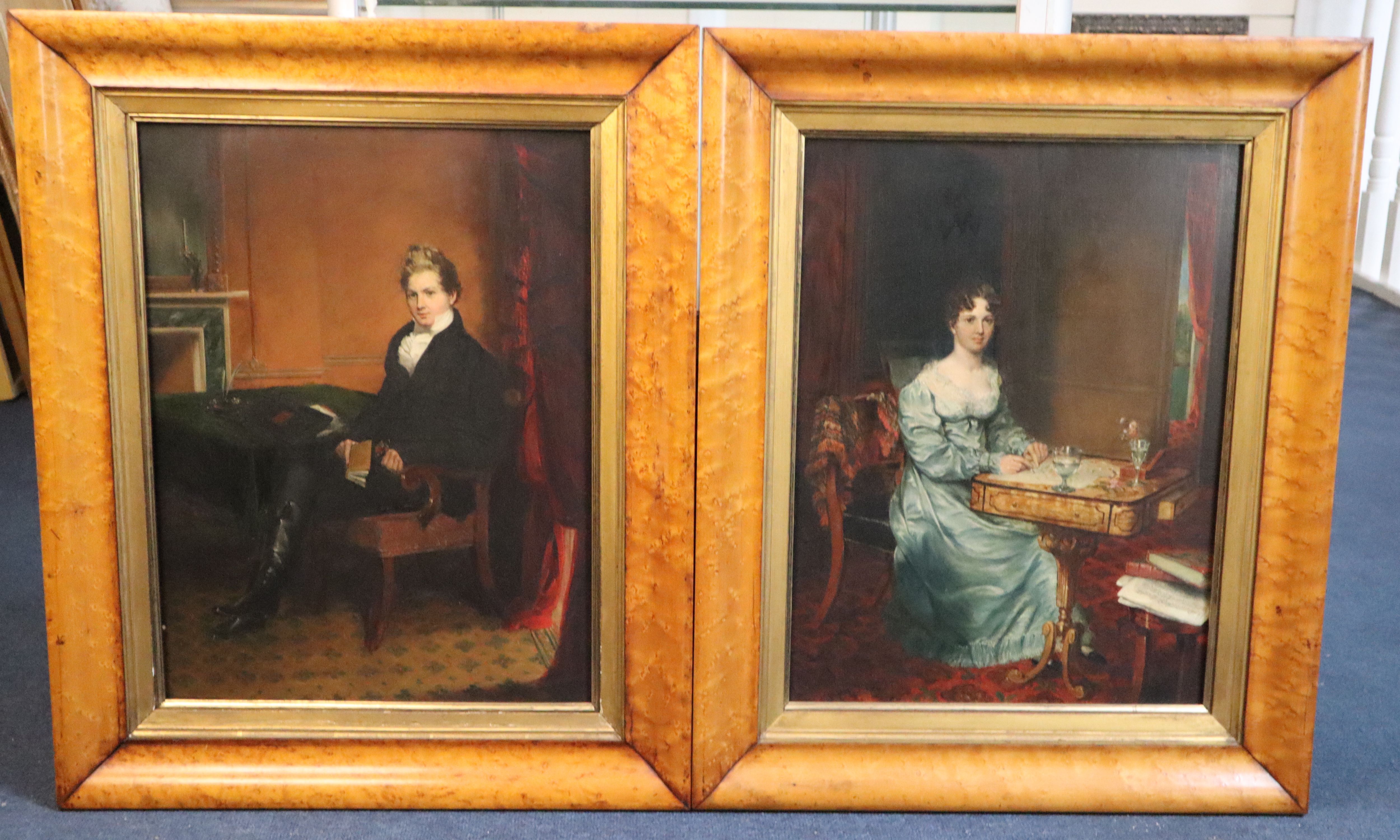 John Partridge (1790-1872) Full length portraits of a husband and wife, each seated in a drawing room 19 x 14in.